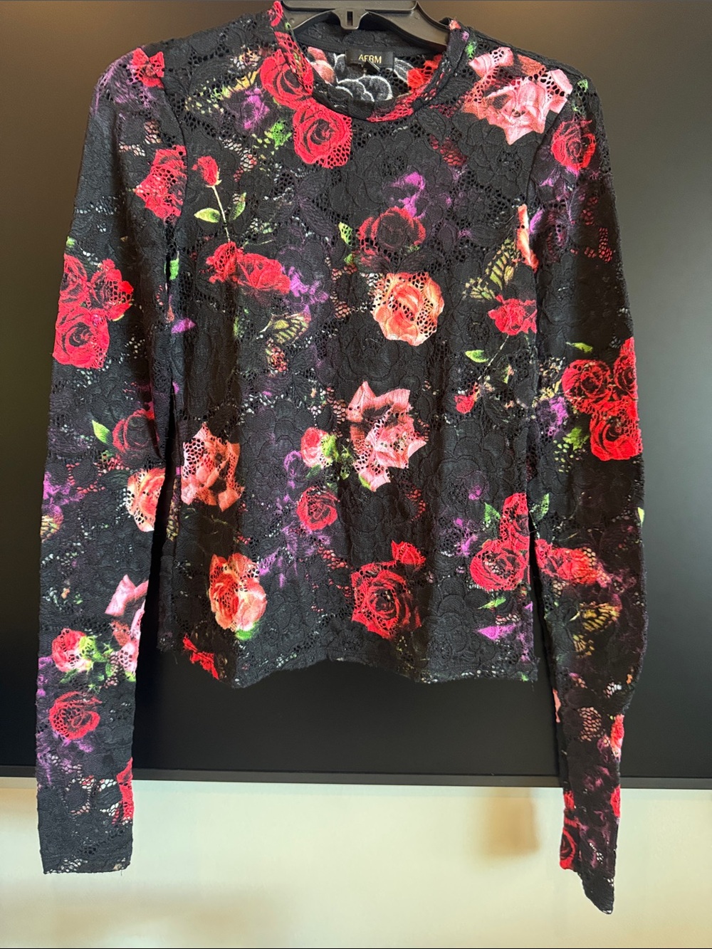 AFRM Black Floral Lace Long-Sleeve Top - Red & Pink Roses